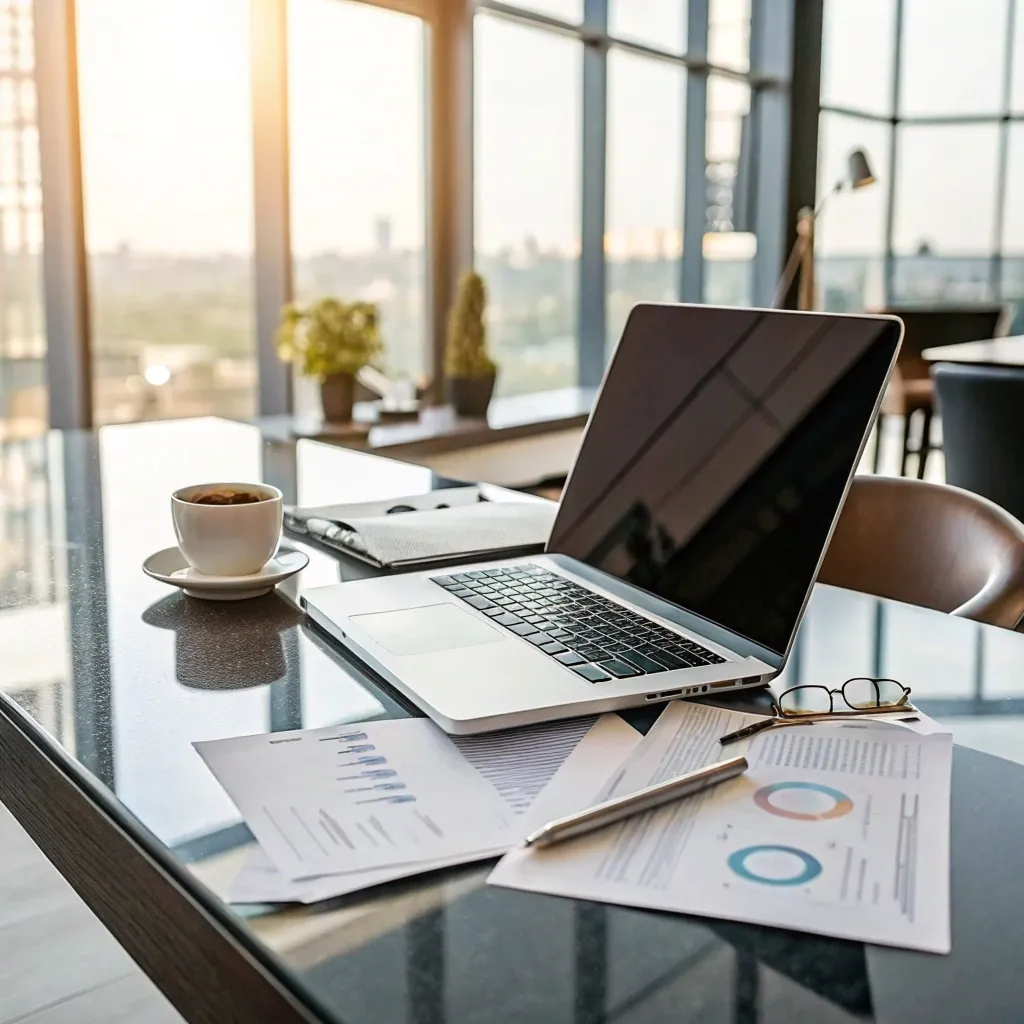 Professional business setting with a desk and laptop